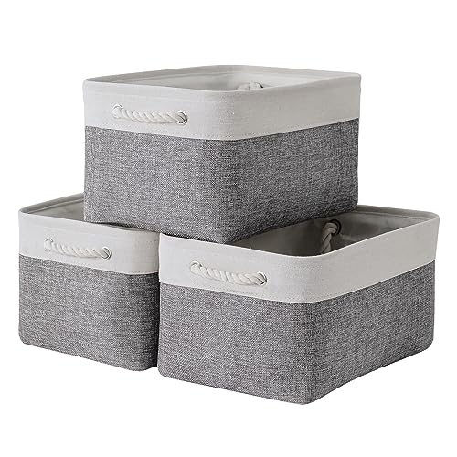 Image of TheWarmHome Storage Bins for Shelves - 13.8L×9.8W×6.7H inch 3 Pack Medium Collapsible Storage Baskets for Organizing | Fabric Storage Cubes for Linen Closet Toy Home (White&Grey)