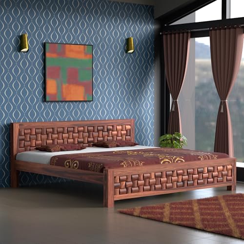 Image of Solid Sheesham Wood Queen Size Bed Without Storage | Wooden Double Bed Cot Bed for Bedroom Furniture | Palang Double Bed for Hotels | Niwar Patti Design, Honey