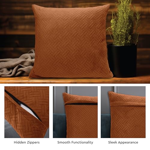 Image of Encasa XO Velvet Cushion Covers, No Inserts, Set of 2, Orange | 20 inchx20 inch | Both Side Fabric | Hidden Zipper Closure | Solid Color | Fade & Shrink Resistant | Machine Washable