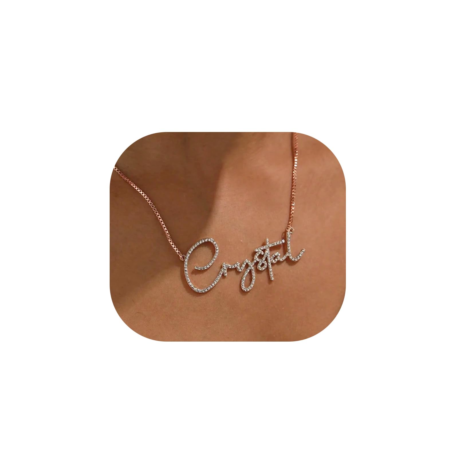 SLYZDDCUDA Custom Diamond Name Necklace, Script Nameplate Necklaces for Women, Mom, Sisters, Best Friend