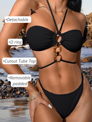 Women Sexy Fishnet Halter Bikini Set, O Ring Strapless Bandeau Swimsuit, Low Rise Cheeky Two Piece Bathing Suit Beach2