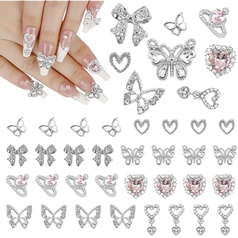heemeei 40Pcs Silver Nail Charms Rhinestones Gems for Acrylic Nails, 8 Styles Butterfly Planet Heart Bow Alloy Nail Art Decoration, Nail Art Rhinestone Nail Gems Nail Jewels Accessories for Nail DIY Cover