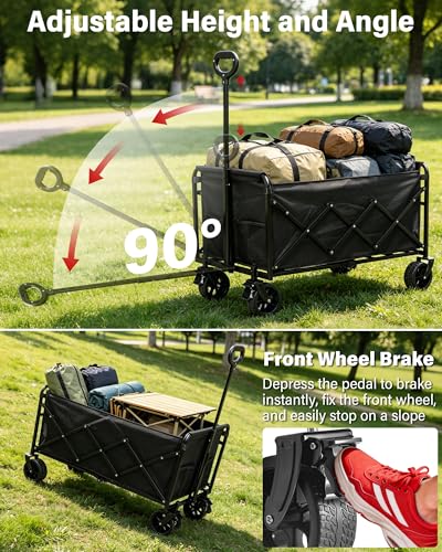 Image of Collapsible Wagons Carts Foldable Wagon, 500LBS Wagon Cart Foldable Heavy Duty with Brakes & All-Terrain Wheels, Large Collapsible Folding Wagons for Beach Camp Sports Grocery, Portable (Black)