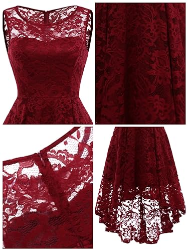 MUADRESS Women's Elegant Floral Lace Dress Sleeveless Crew Neck Hi-Lo Cocktail Prom Dress for Evening Party DarkRed L
