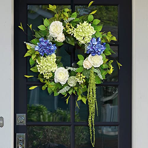 Spring Wreaths for Front Door 24 Inch Summer Wreath with Hydrangea, Rose & Peony Floral Spring Door Wreath with Lush Greenery for Indoor & Outdoor Seasonal Home Decor