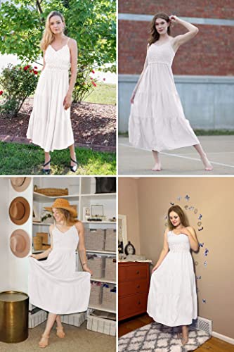 Image of Dokuritu Women's Beach Crochet Lace Maxi Dress Solid Color Summer Vacation Wedding Guest Spaghetti Strap Long Dress