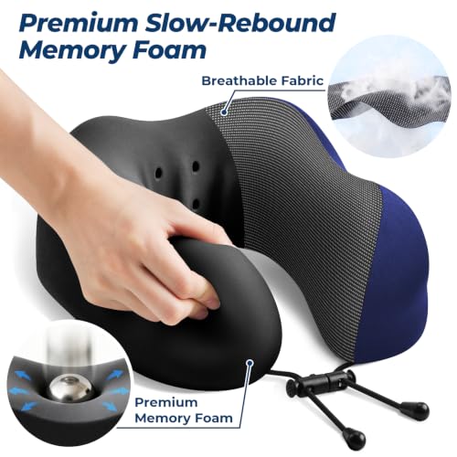 Image of ExploreBliss Travel Pillow, Memory Foam Neck Pillow Airplane, Blue | Travel Pillows for Airplanes, Neck Pillow Airplane, Memory Foam Neck Pillow Set with Eye Mask, Earplugs