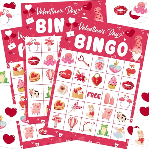 ROCWOHO Valentines Day Bingo Game Cards 24 Players Valentines Crafts for Kids Party Card Games and Kids Gifts, School Classroom Games, Love Party Supplies, Family Entertainment Activities