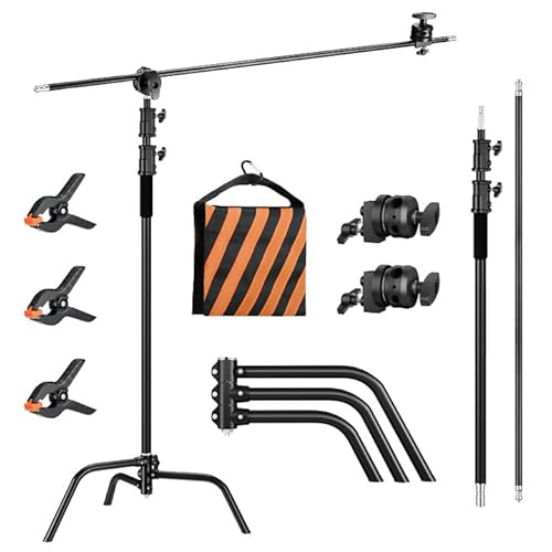 soonpho Heavy Duty C Stand with Boom Arm,Black Stainless Steel Tripod Base Adjustable Photography Light Stand with Grip Head/Sand Bag for Lighting,Overhead Shooting,Reflector,Softbox,Umbrella...