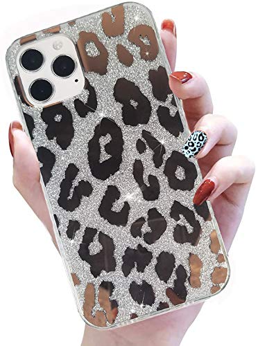 Leopard Case Compatible with iPhone 11 case, Shiny Silver Glitter Case Ultra Thin Luxury Sparkle Bling Phone Case Hard Back + Soft Silicone Side Cover for iPhone 11 6.1 inch