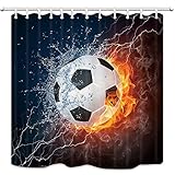 Shocur Football Sports Shower Curtain, Soccer Ball on Fire and Water Splashing Flame Lightning, 72 x 72 Inches Polyester Fabric Boys Teen Mens Bathroom Decor Set with 12 Hooks