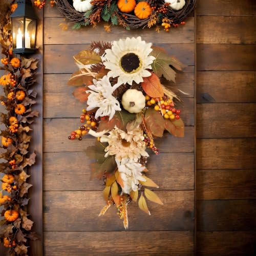 Corona para puerta de otoño artificial, guirnalda decorativa de Halloween y Acción de Gracias 4