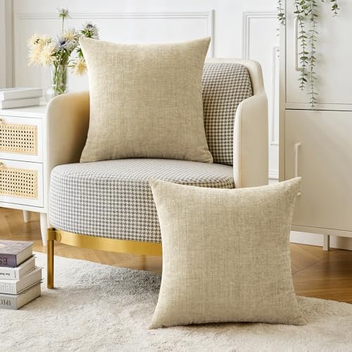 Image of MIULEE Pack of 2 Beige Throw Pillow Covers 20x20 Inch Soft Chenille Pillow Covers for Sofa Living Room Spring Home Decor Couch Solid Dyed Cases