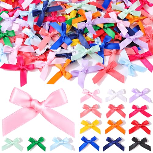 150PCS Tinkrstuff Colorful Mini Bows for Crafts 1.5*2 Fabric Small Bows for Decoration Satin Ribbon Tiny Bow for Clothes Ornament Christmas Tree Bows &Thanksgiving Gifts Party Cake Balloon Treats