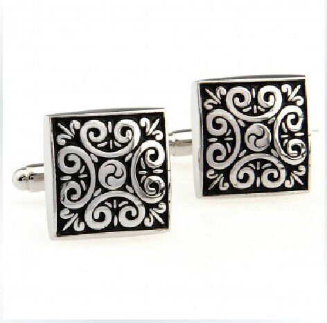 Classic Silvery Color and Black Engraved Vine Pattern Cufflinks Square French Cufflinks for Men Wedding Cufflinks
