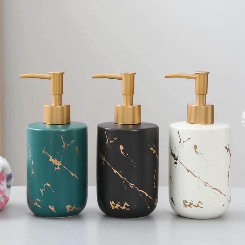 Image of Ceramic Soap Dispenser (Luxe Black) - 400ml Refillable Lotion Shampoo Bottle Matte Black & Gold Marbling Elegant Bathroom & Kitchen Counter Accessory Premium Pump Bottle