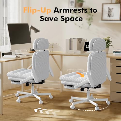 Image of GXJ Criss Cross Legged Office Chair with Flip-up Arms, Footrest, G800 Plus | 6.3 inch Cushion Relieves Tailbone Pain, Head-Lumbar Support Eases Fatigue, Smooth Rolling Wheels, Corduroy Desk Seating, White