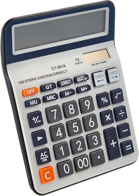 Image of 12-Digit Desktop Calculator with 120 Steps Check & Correct | Large LCD Display, Big Buttons, Dual Solar & Battery Power | Durable Business Office Calculator for Home, School (White)