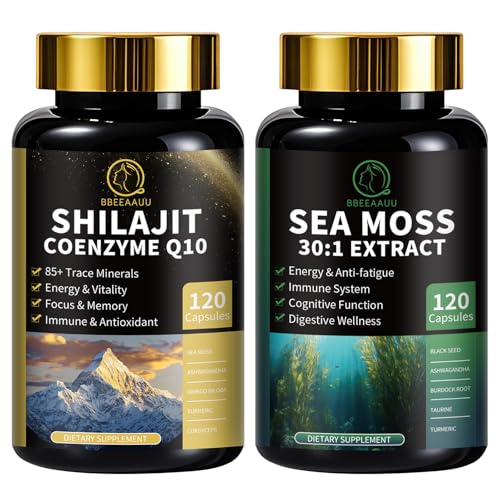 Shilajit for Men, Sea Moss and Shilajit Bundle, All in 1 Supplements with Coenzyme Q10, Black Seed, Ashwagandha, Taurine, Burdock for Energy, Endurance, Antioxidant & Immune Support, 240 Capsules