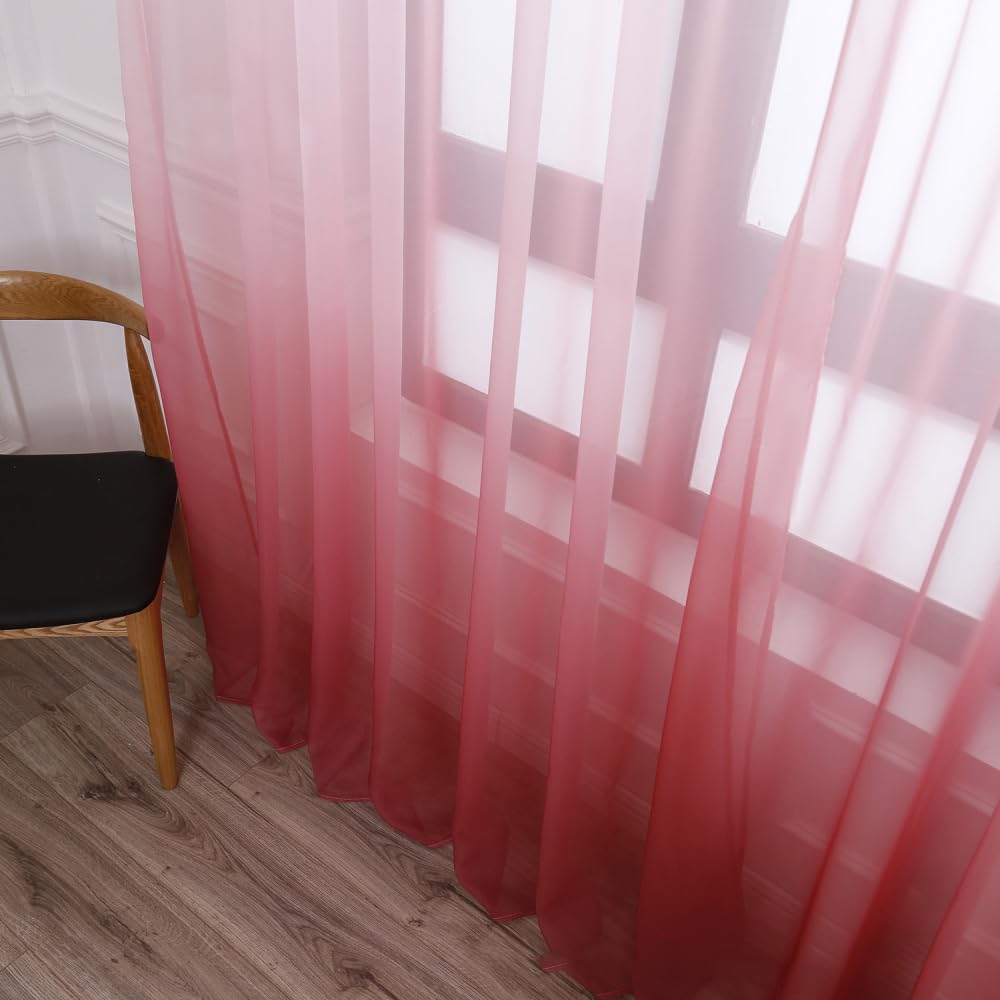 Rideau transparent dégradé rose 100x200 cm avec galon fronceur pour salon lot de 2