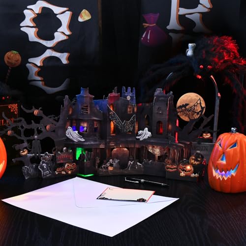 Image of Pop Up Halloween Card, Jumbo Musical Light Up Spooky Castle Card with Sound
