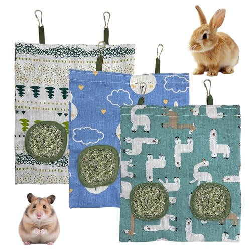 Heuraufe Kaninchen Heusack Leinenstoff 26.5x23cm 2 Öffnungen DREI Designs Weißer Baum Grünes Alpaka Blauer Hase Hängende Heutasche Futterspender für Kleintiere Meerschweinchen Langlebig