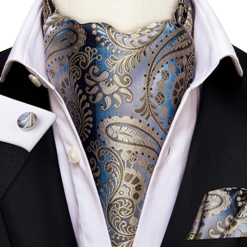 Image of Hi-Tie Silk Ascot for Men Self Tie Men's Cravat and Flower Lapel Pin Handkerchief Cufflinks Set for Wedding Party