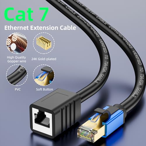 Cat7 Internet Extension Cable: Gold Plated RJ45 Male to Female (30ft) for Family Room Office