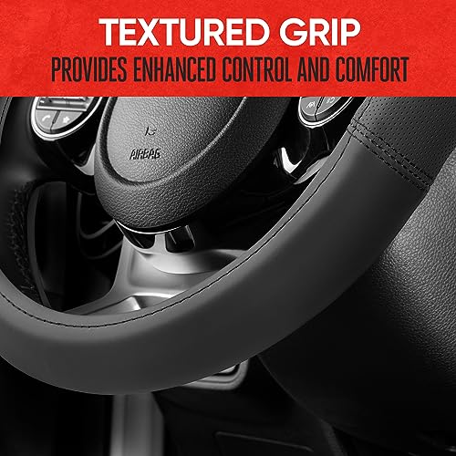 Image of Motor Trend Soft Touch Leather Gray Steering Wheel Cover with Grooves, Advanced Traction Universal Fit for Standard Sizes 14.5 15 15.5 inches