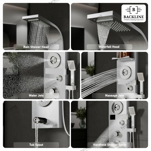 Image of Backline shower panel | 7 In 1 Shower System 304 Grade Stainless Steel | Shower With Storage Shelf, LED Rainfall Shower,Hot & Cold Adjustable,Massage Spray,Hand Shower & Water Spout