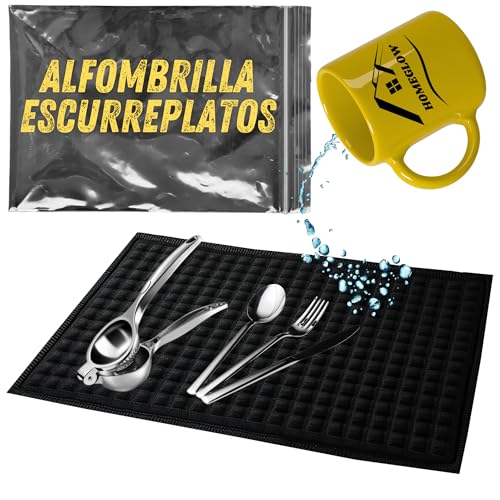 HOMEGLOW Alfombrilla Escurreplatos de Microfibra Negra 51x38 cms · Pack de 1 · Antideslizante y Absorbente · Para la Encimera de Cocina · Secado de Platos, Vasos, Cubiertos y Utensilios Delicados (1)