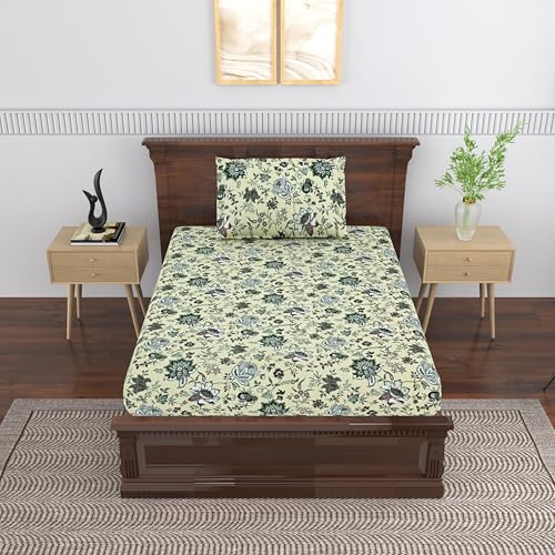 Image of Mafatlal Saanjh 144 TC Single Cotton Bed Linen 90x60 Inch | Printed Comfort Fabric | Lightweight Cooling Feel | Stylish Home Decor Textile | Everyday use | Pillowcase Included | Bone White