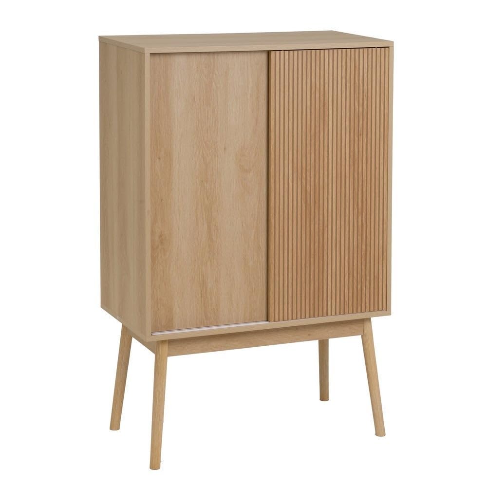 LOLAhome Mueble Bar Naroa Color Roble con 2 Puertas correderas 80x40x120cm. Armario para Vino con Capacidad para 12 Botellas y Soporte para Copas. Almacenaje para salón, Comedor o Cocina.
