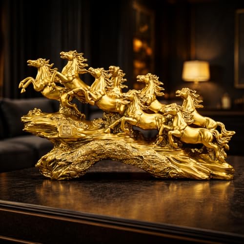 Golden 19 Inch Running 7 Victory Horses Resin Statue for Vastu an...