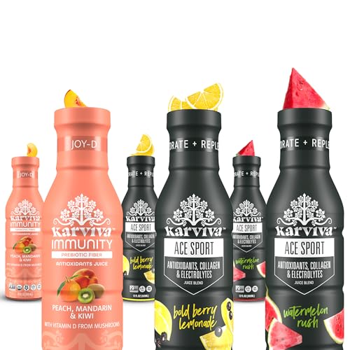 KARVIVA 6-Day Detox Cleanse Fruit Juice, Ace Sport Bold Berry Lemonade, Watermelon Rush and Immunity Joy-D, Detox Wellness Drinks with Natural Electrolyte, Antioxidants, Gluten Free, 6 Bottles, 12 oz