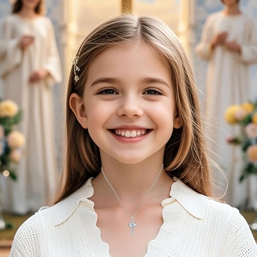 SUMFAN Cross Necklace for Girls & Women - Small Cubic Zirconia Tiny Cross Pendant - Baptism & Christening Gifts4
