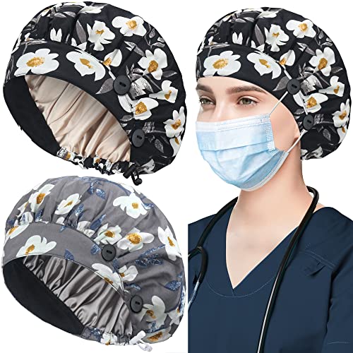 ABAMERICA 2 Pack Bouffant Caps with Button and Sweatband, Adjustable Scrub Caps for Women Men, One Size Multi Color A-73 2pack Satin Lined Wf Blk+ Gray Satin Lined