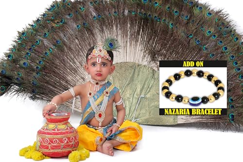 Image of Krishna Dress for Kids, Baby Krishna Dress for Janmashtami with Krishna Mukut, Peacock Feather & Flute Embroidered Krishna Costume for Girl & Boy, 3 Months-8 Years
