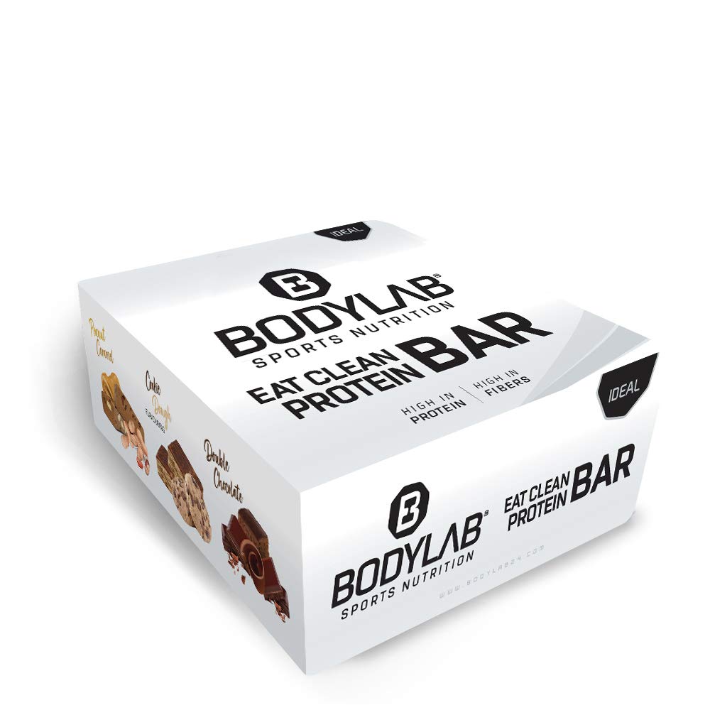 Bodylab24 Eat Clean Protein Bar 12 x 65g / Protein-Riegel mit wertvollen Ballaststoffen / 20g Eiweiß pro Riegel / Leckerer Eiweißriegel für Fitness, Sport und unterwegs / Double Choco