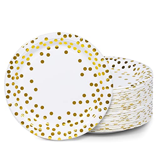MATICAN Party Paper Plates, 100-Pack Disposable White and Gold Plates, Foil Polka Dots, 9-Inch MATICAN Party Paper Plates, 100-Pack Disposable White and Gold Plates, Foil Polka Dots, 9-Inch