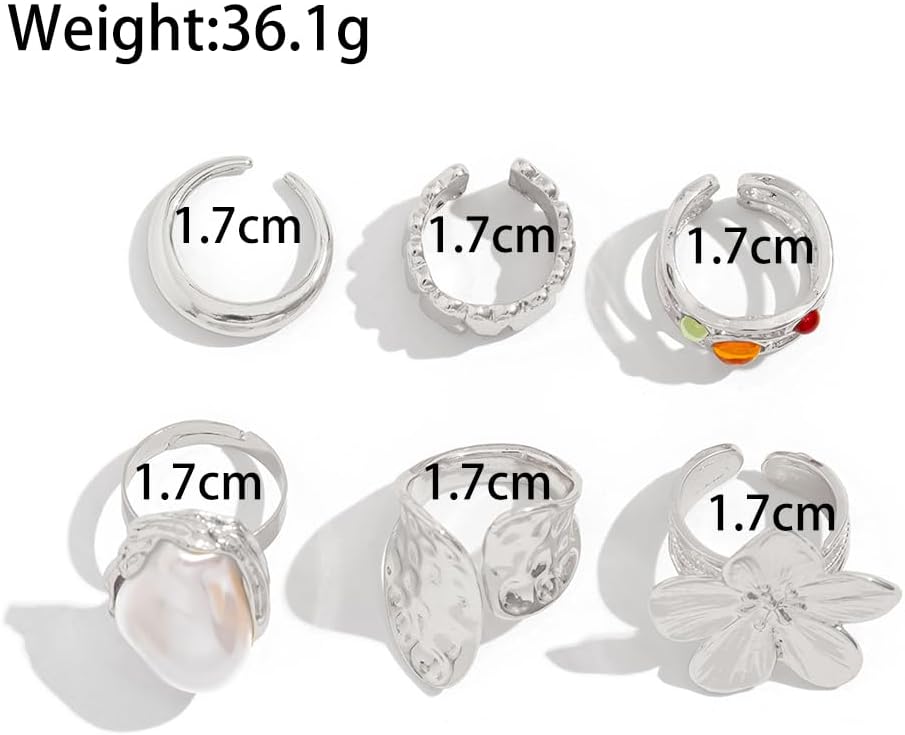 GIGB PBDK Chunky Gold Flower Knuckle Ring Set for Women Vintage Stackable Baroque Pearl Crystal Statement Ring Thick Hammered Thumb Ring Festival Party Jewelry - Image 2