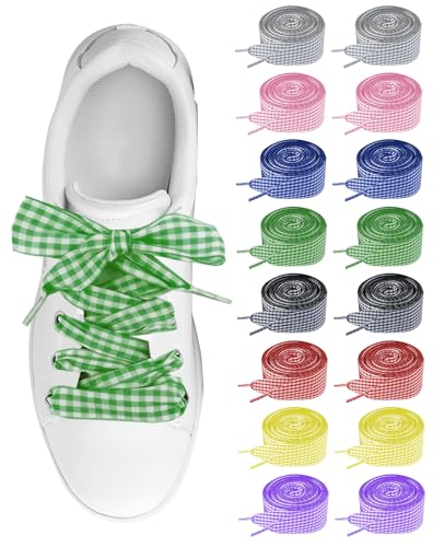Aiuulu 8Pairs Gingham Shoe Laces for Women Wide Colorful Soft Satin Fabric Shoe Ties Shoestrings for Sneakers Sports Shoes (2.5cm)
