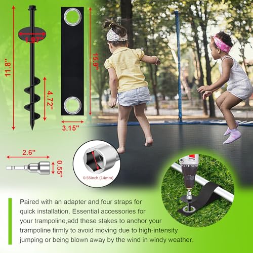 Image of Eurmax USA 4 Pack Universal Ground Anchors High Wind, Heavy Duty Screw-in Trampoline Stakes with 4 Straps, Upgraded Commercial Anchor Kit for Outdoor Sheds, Swing Sets & Mobile Homes (Black)
