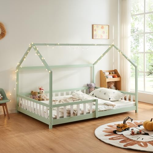 [en.casa] Letto per Cameretta a Forma di Casetta con Sbarre Letto Francese per Bambini Struttura in Legno di Pino 140 x 200 cm Menta Verde