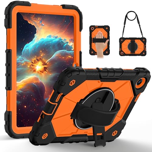 Funda Redmi Pad 2 SE 9.7 2026 de silicona con soporte giratorio y correa en color negro y naranja