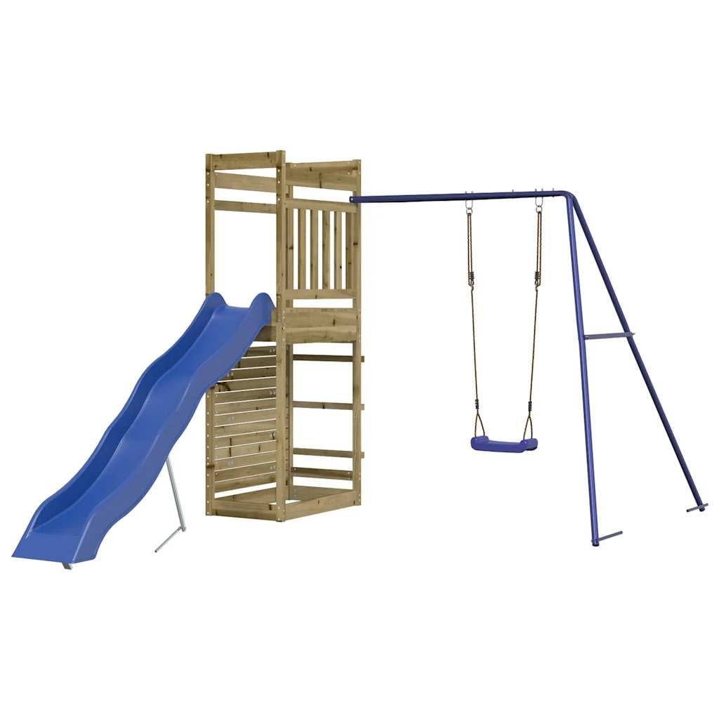 Torre de juego de madera de pino impregnada con plataforma de 118 cm, tobogán ondulado, pared de escalada, columpio y arenero para jardín