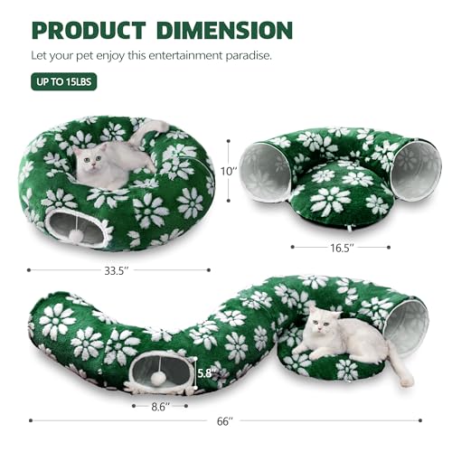 Image of Cat Tunnel for Indoor Cats, Cute Peekaboo Cat Cave with Dangling Balls, Pet Donut Tunnel Bed with Circle Mat for Puppy Kitten Rabbit, Green Flower