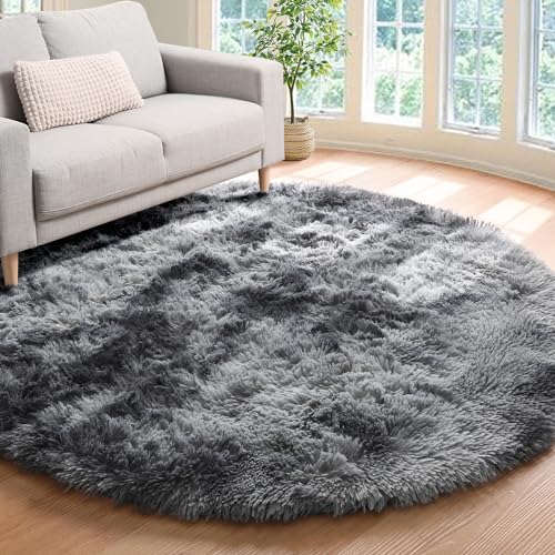 Image of ONASAR Tie-Dyed Dark Grey Round Area Rug 7ft, Ultra Soft Bedroom Circle Rugs for Kids Girls Teen Room, Fluffy Plush Shaggy Carpet Floor Mats for Baby Nursery Living Room Playroom Home Decor