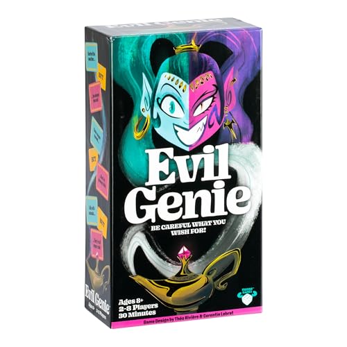 Evil Genie, Party Game Where Players Combine Good Cards with Evil Cards to Grant One Messed Up Wish, Then Guess If The Wish Will Be Taken to Score Points & Win The Game, for 2 – 8 Players​, Ages 8+