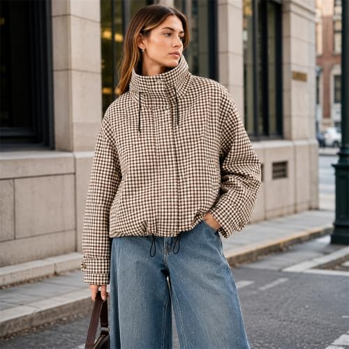 Womens Zip Up Jacket Bomber Jacket Pullover Gingham Stand Collared - image 6